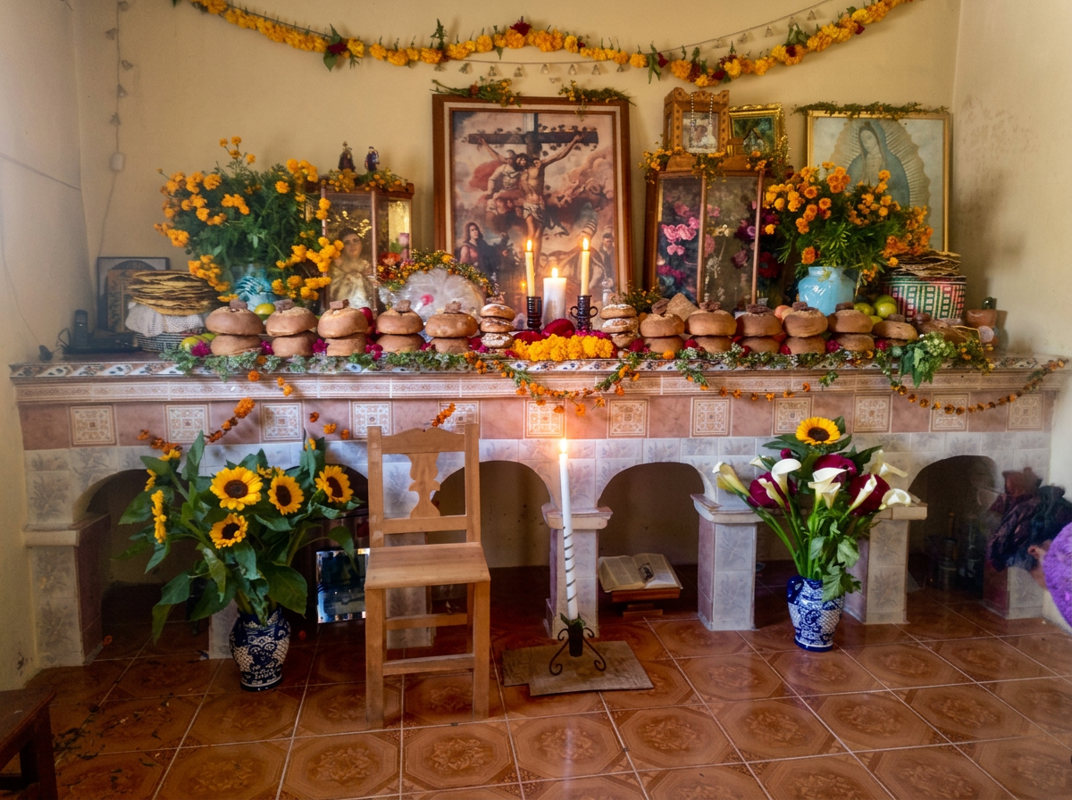 Traditional Oaxacan home ofrenda with marigolds, candles and offerings for a private cultural experience
