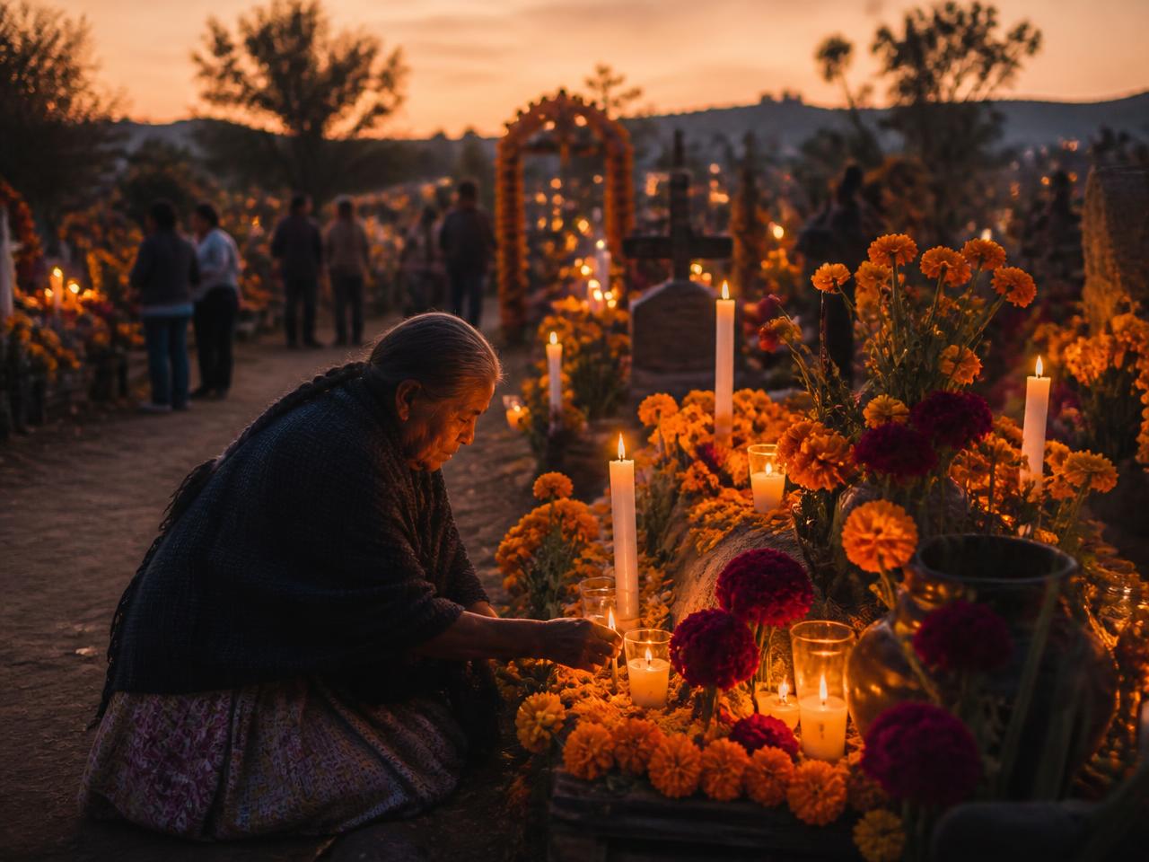 Evening candlelit Día de Muertos cemetery scene with marigold flowers during a private Oaxaca experience